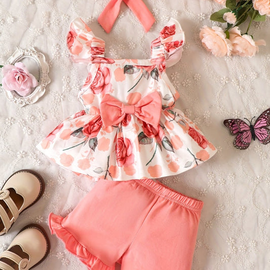 3pcs Floral Graphic Ruffle Sleeve Top & Shorts & Headband Baby Sweet Clothes