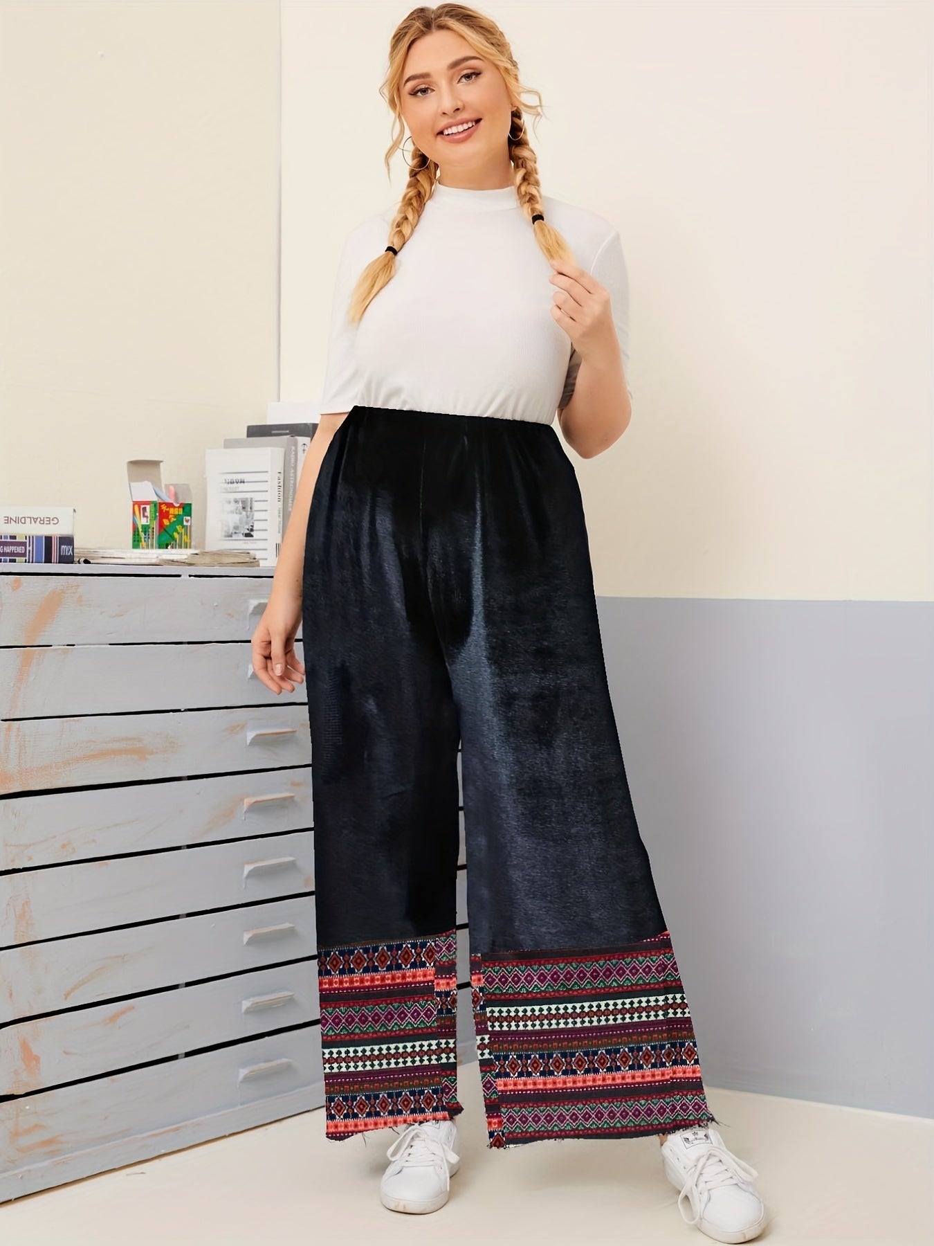 Boho Pants Women's Plus Tribal Print Wide Leg Pants