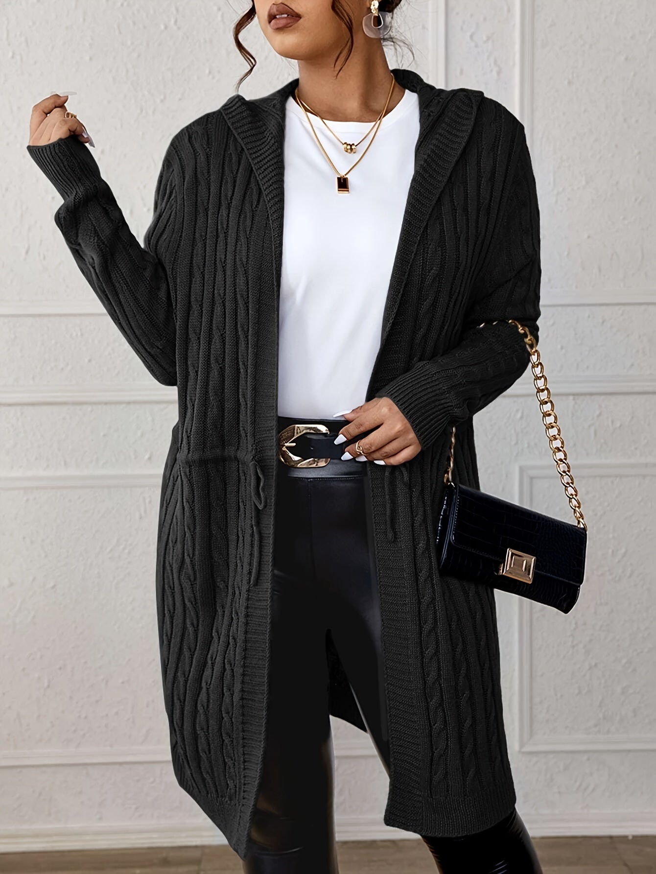 Casual Cardigan Women's Plus Solid Cable Long Sleeve Drawstring Hooded