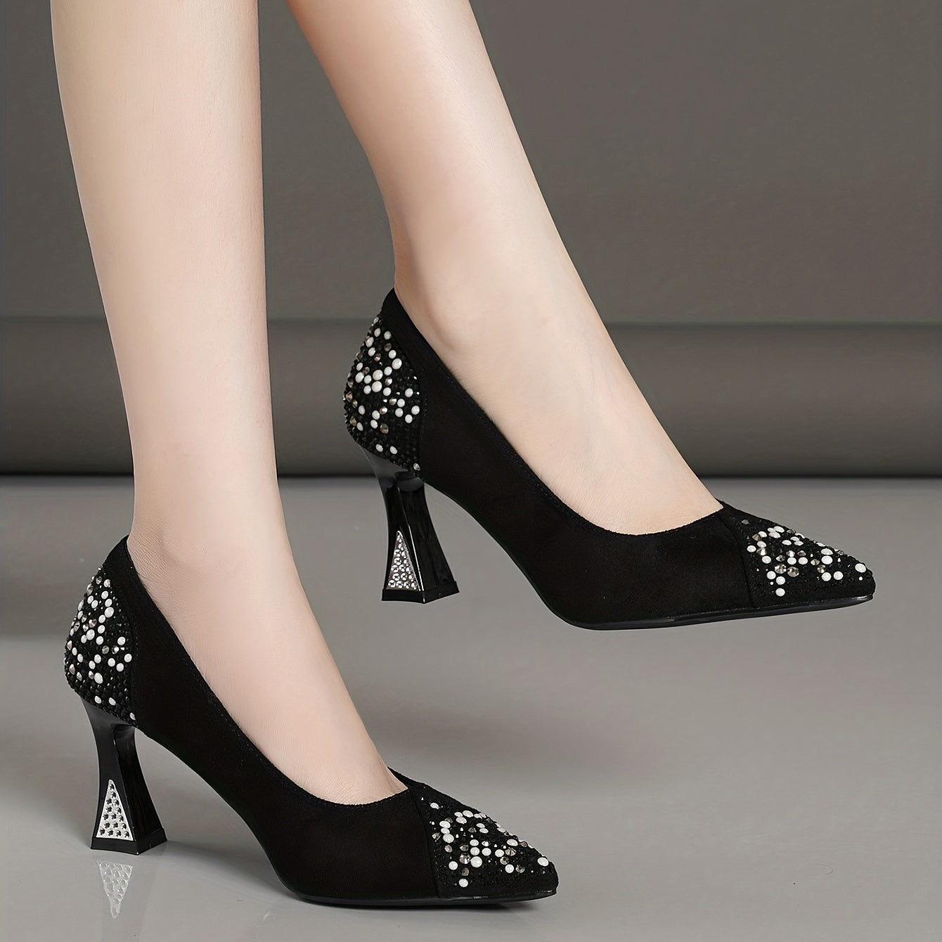 Rhinestone Block Heel Pumps Point Toe Slip On Dress Shoes