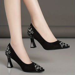 Rhinestone Block Heel Pumps Point Toe Slip On Dress Shoes