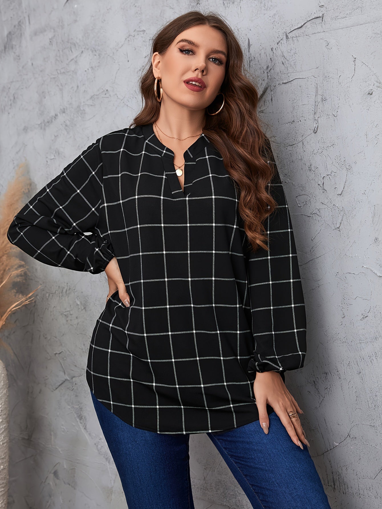 Grid Print Lantern Sleeve Notched Neck Blouse