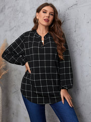 Grid Print Lantern Sleeve Notched Neck Blouse