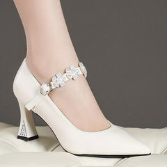 Floral & Pearl Pyramid Heels Pointed Toe Pumps Buckle Strap Dress Shoes