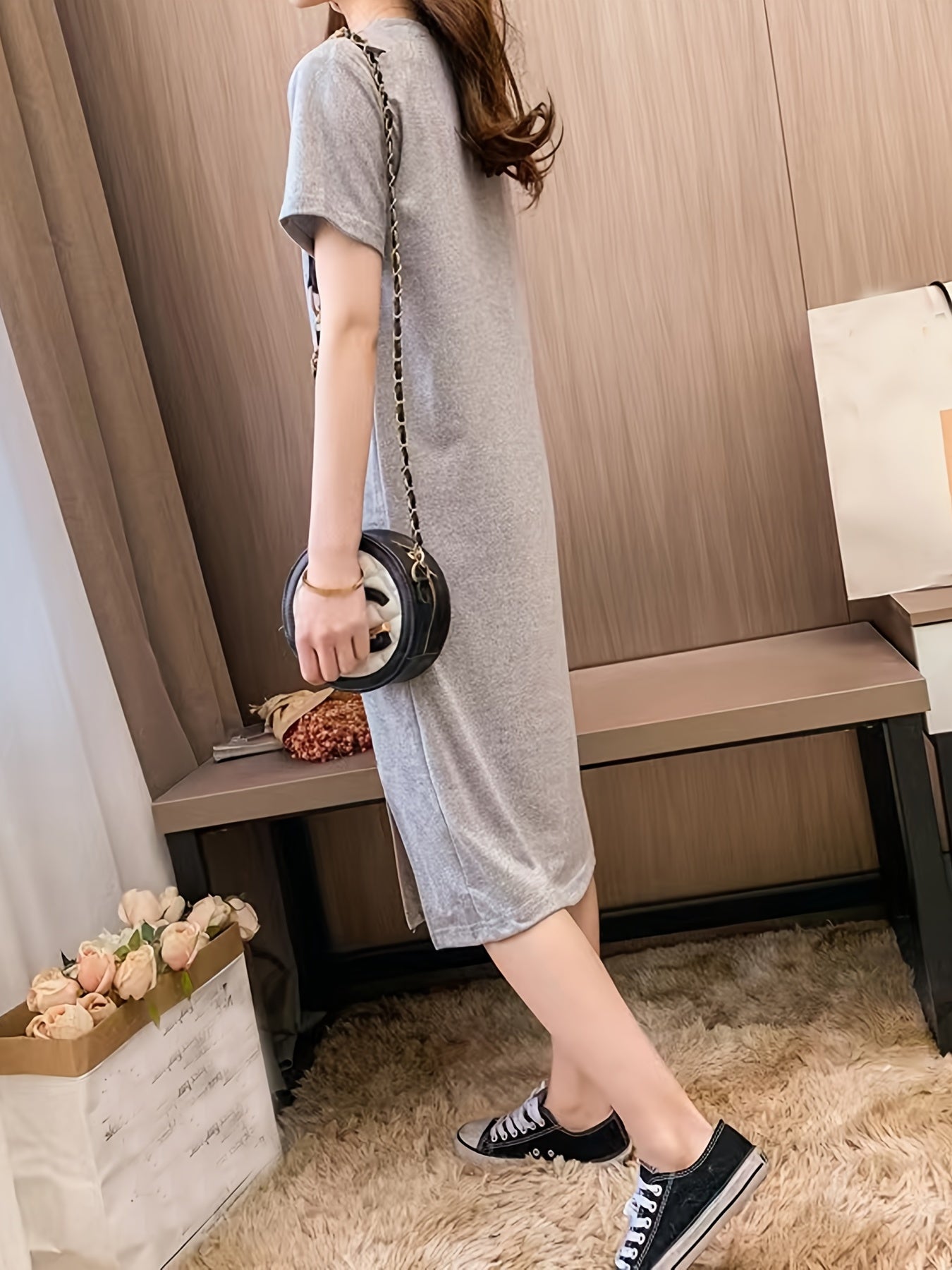 Flower Print Lounge Dress Short Sleeve Over The Knee Slit Dress
