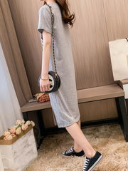 Flower Print Lounge Dress Short Sleeve Over The Knee Slit Dress