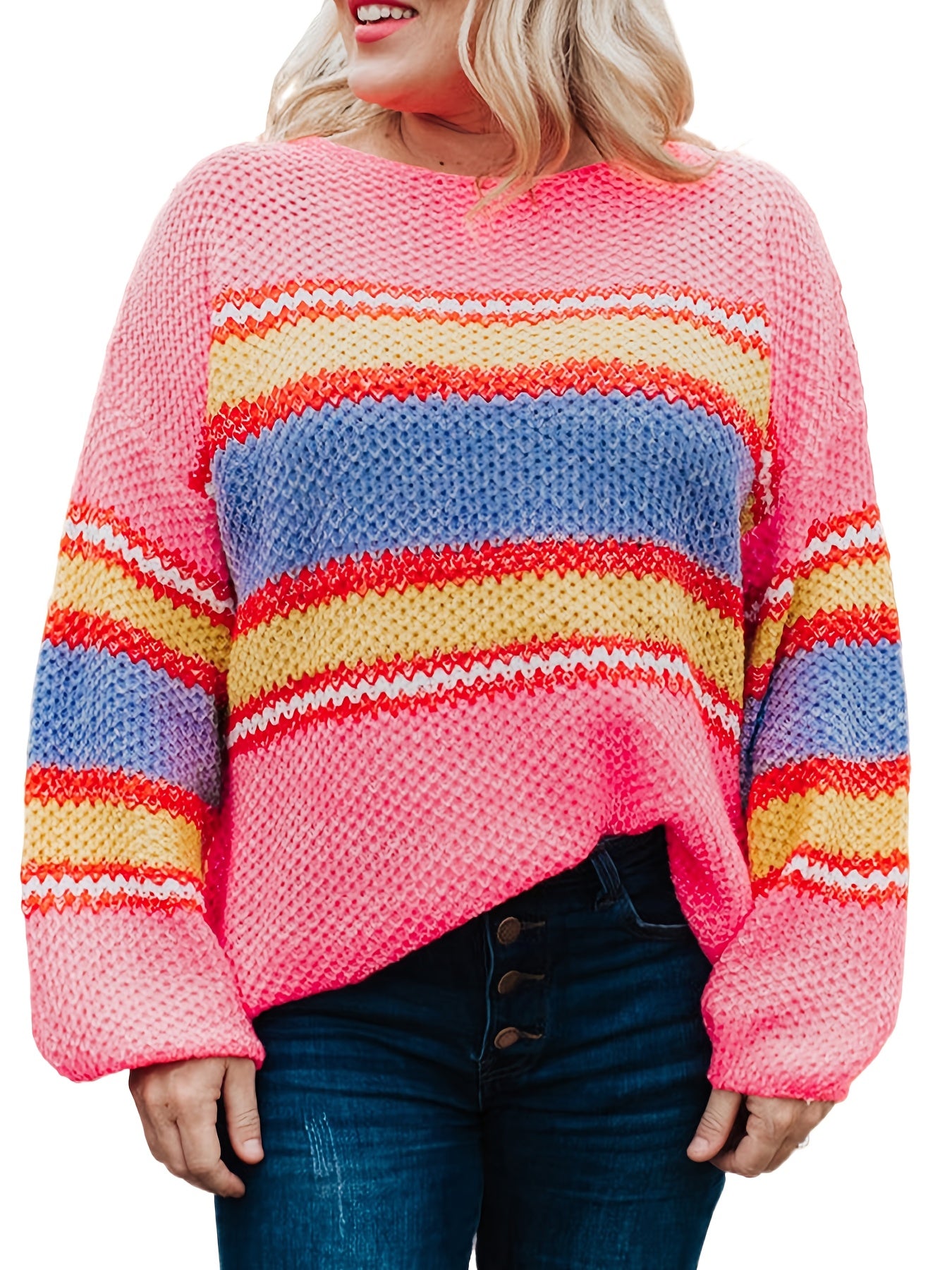 Colorblock Stripe Print Round Neck Sweater