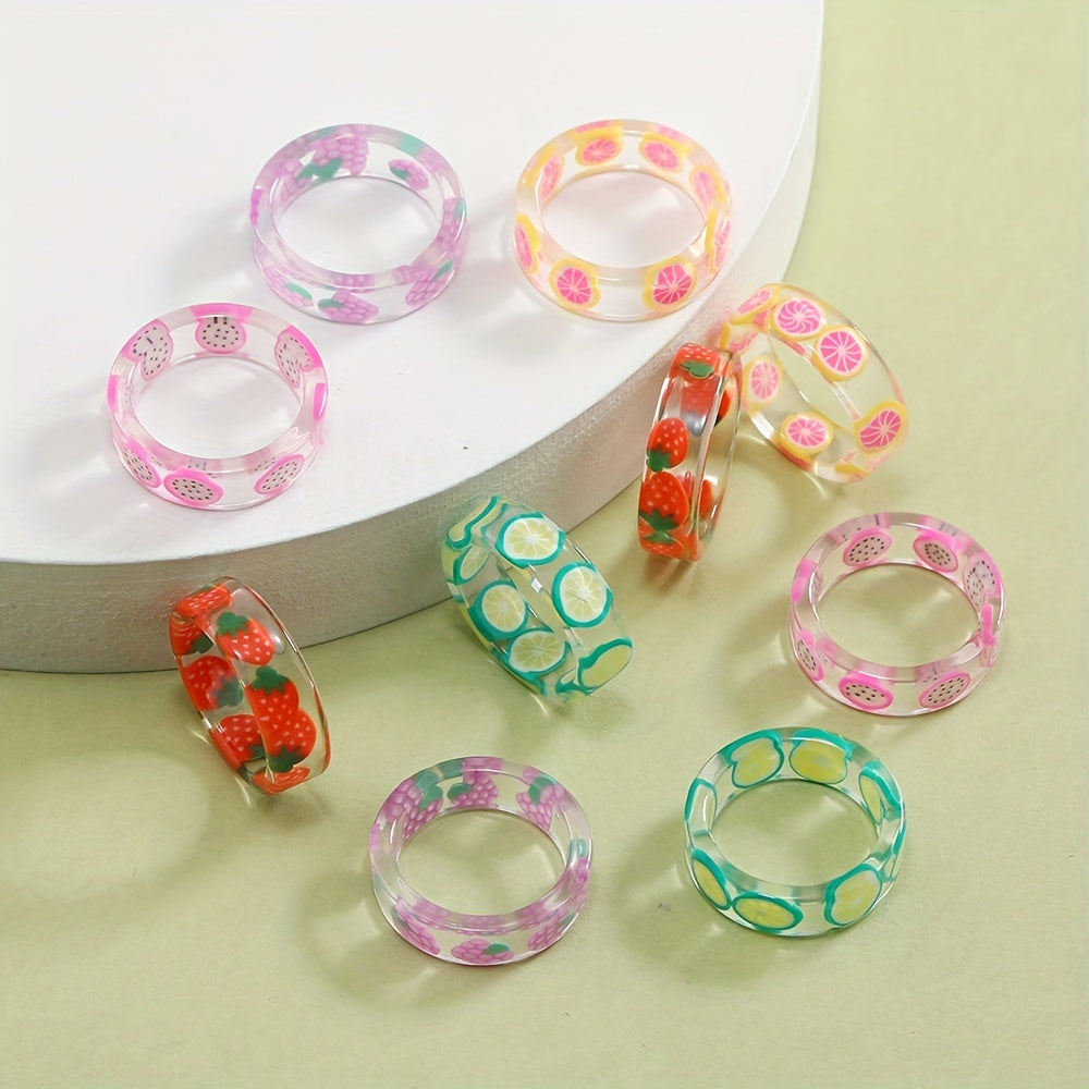 10pcs Girls Resin Fruit Rings Kids Birthday Gift