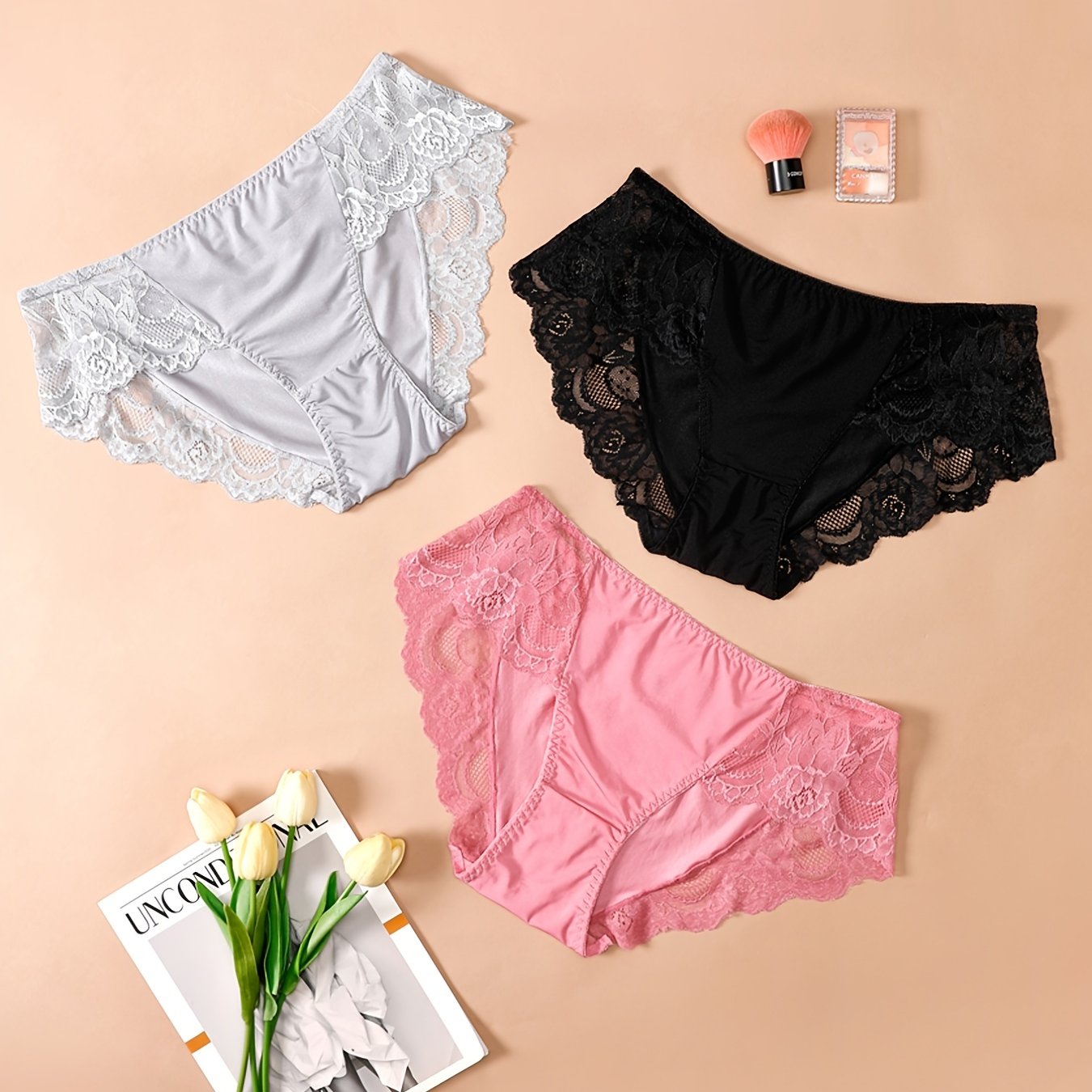 Floral Jacquard Lace Trim Panties Set Plus Size 3-Pack Women's Medium