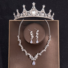 Baroque Silver Crystal Jewelry Set Rhinestone Tiara Crown Choker Necklace