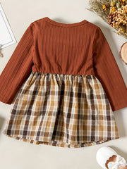 Baby Girl Ribbed Long Sleeve Plaid Bowknot Dress