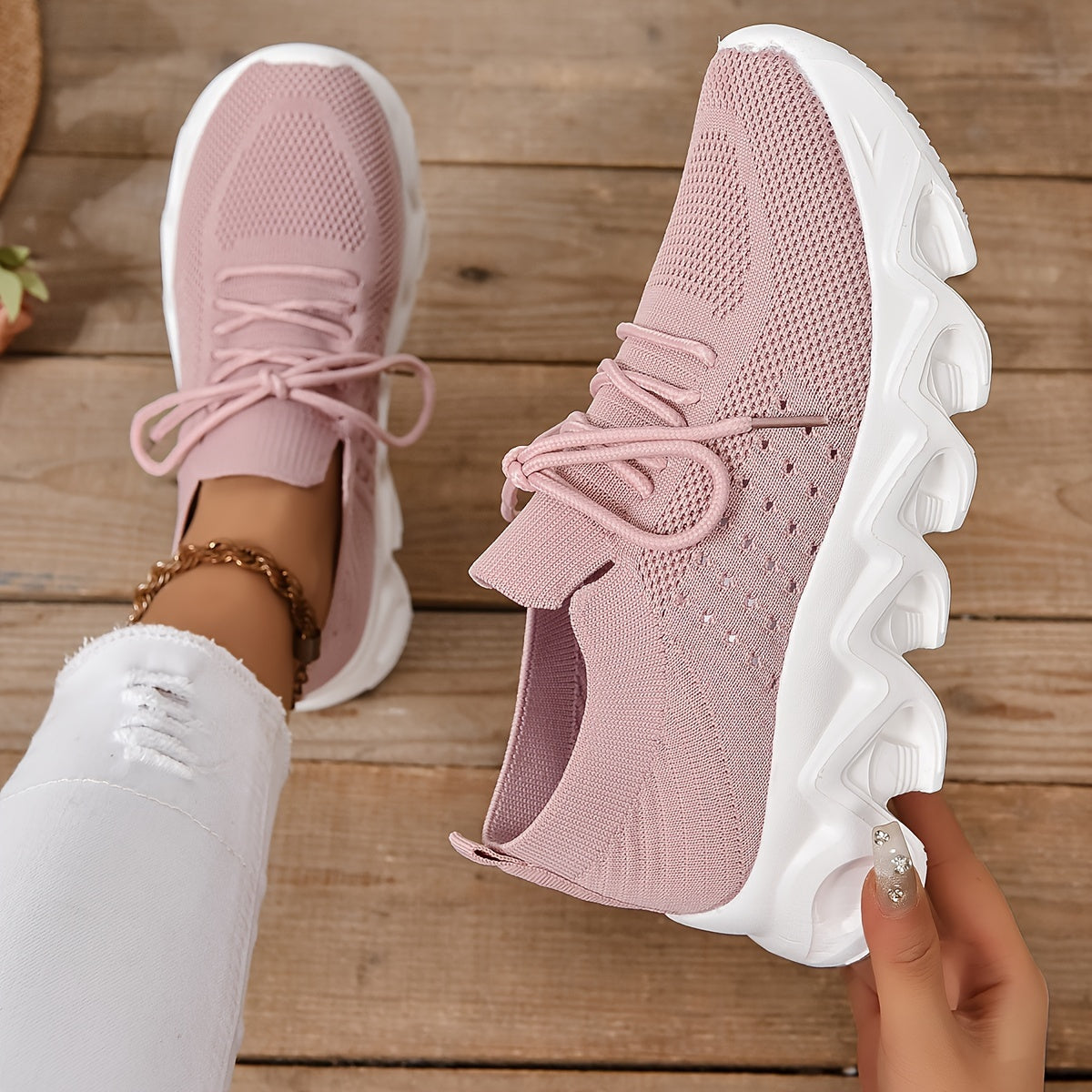 Women's Chunky Knit Sneakers Lace Up Running Sports Shoes