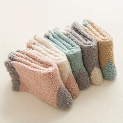 5 Pairs Colorblock Fuzzy Socks Soft & Warm Women's Mid Tube Stockings