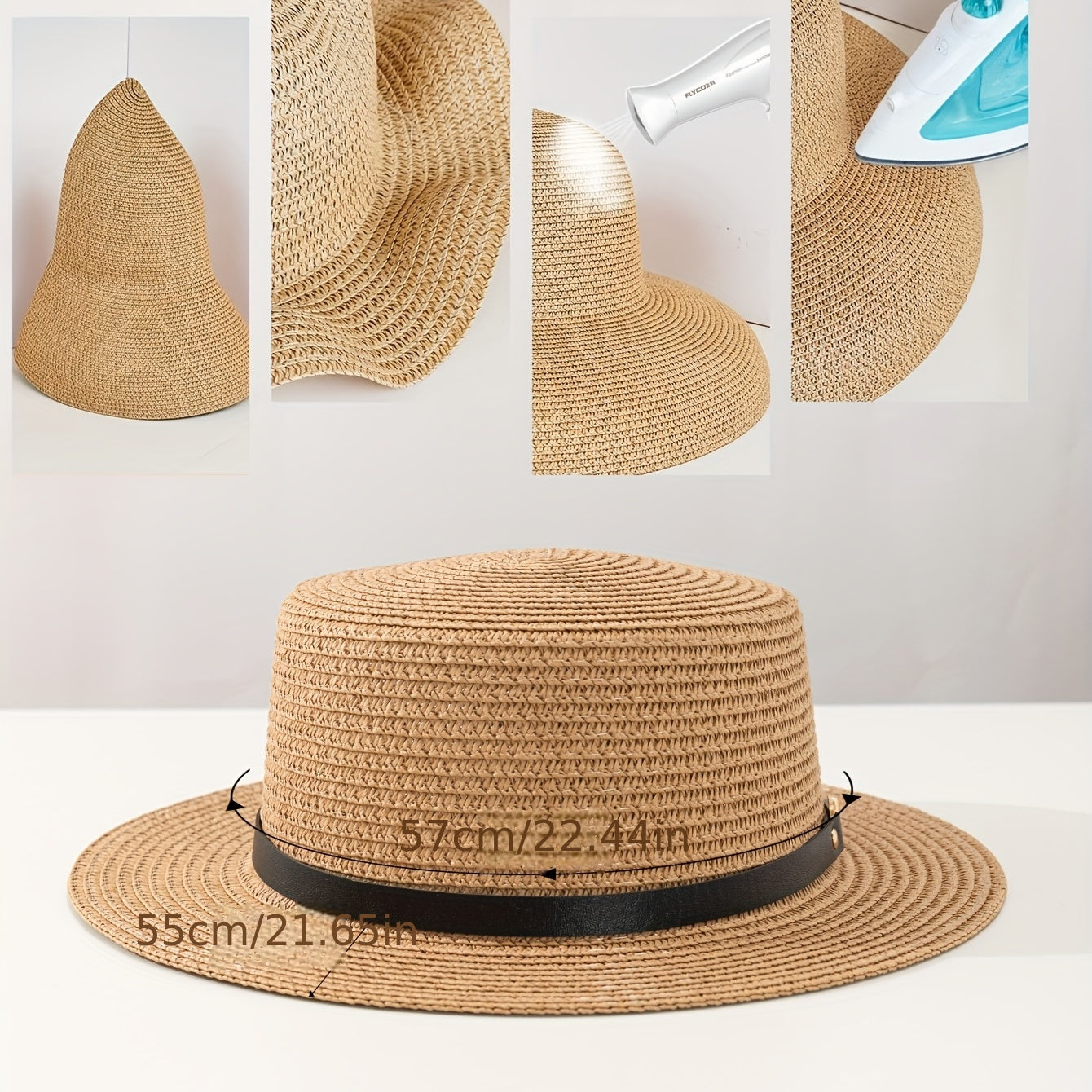 Double Link Chain Belt Flat Top Straw Hat Outdoor Sunshade Travel Hat