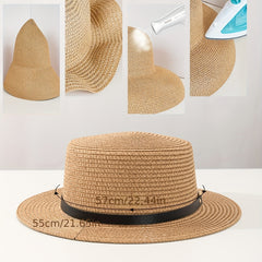 Double Link Chain Belt Flat Top Straw Hat Outdoor Sunshade Travel Hat