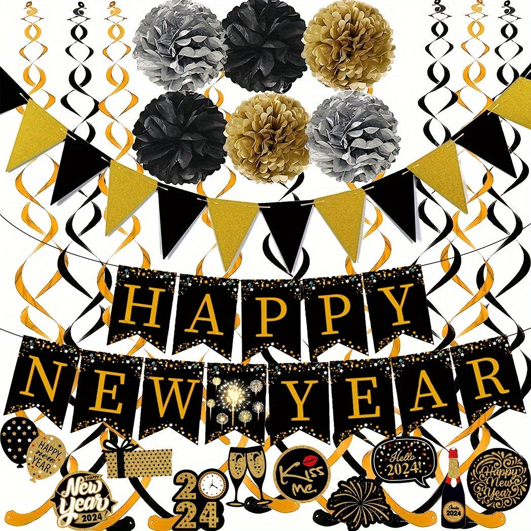 Happy Year Banner Golden Bunting Swirls Pom Poms Party Decor