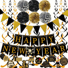 Happy Year Banner Golden Bunting Swirls Pom Poms Party Decor