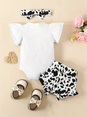 3pcs Baby Girls Cow Peach Print Ruffle Sleeve Shorts Headband Set Clothes