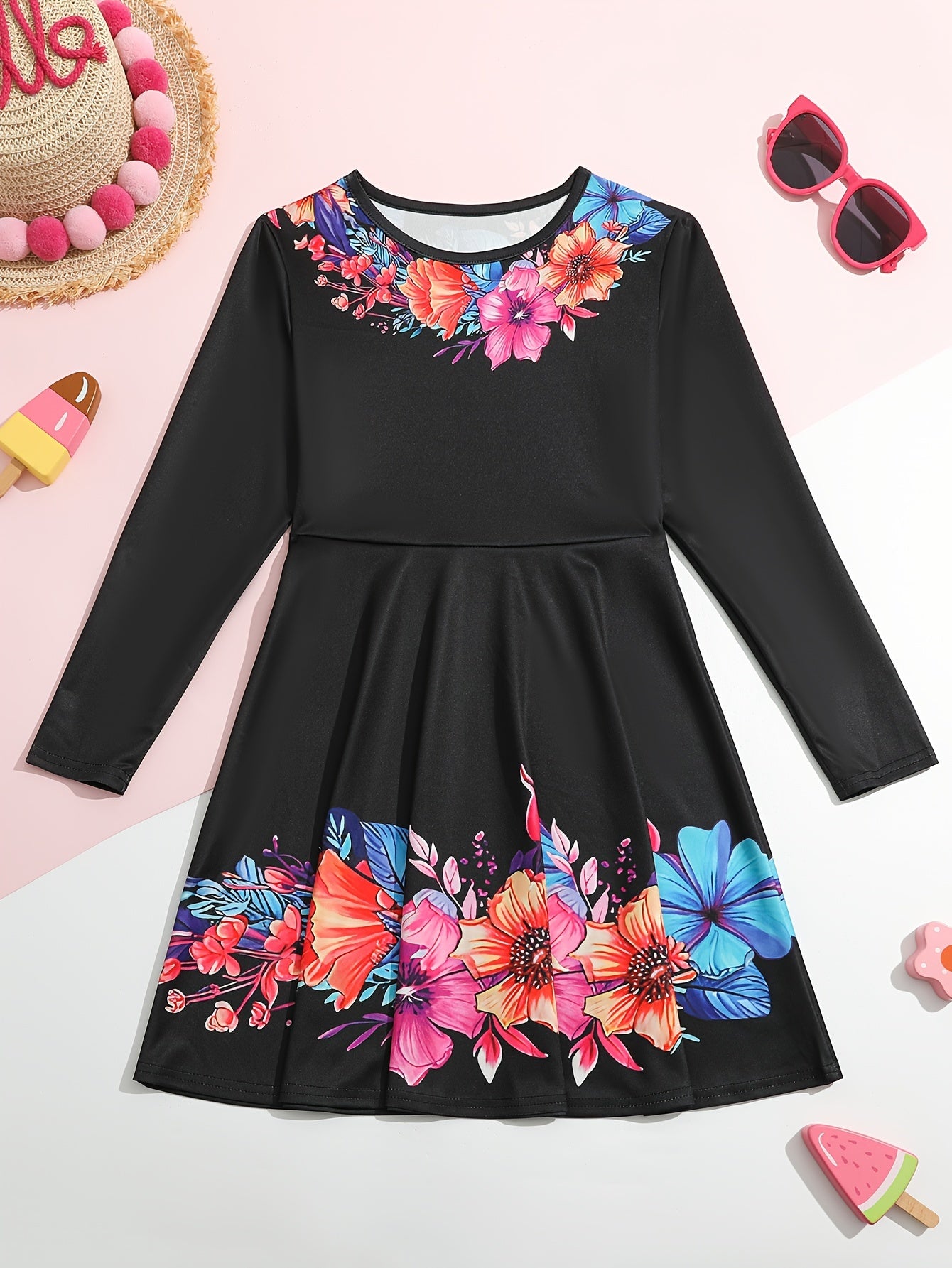 Girls Flower Print Long Sleeve Dress for Spring Fall Party