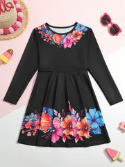 Girls Flower Print Long Sleeve Dress for Spring Fall Party
