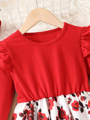 Girls' Rose Flowers Graphic Long Sleeve Dress Spring Autumn Outfit