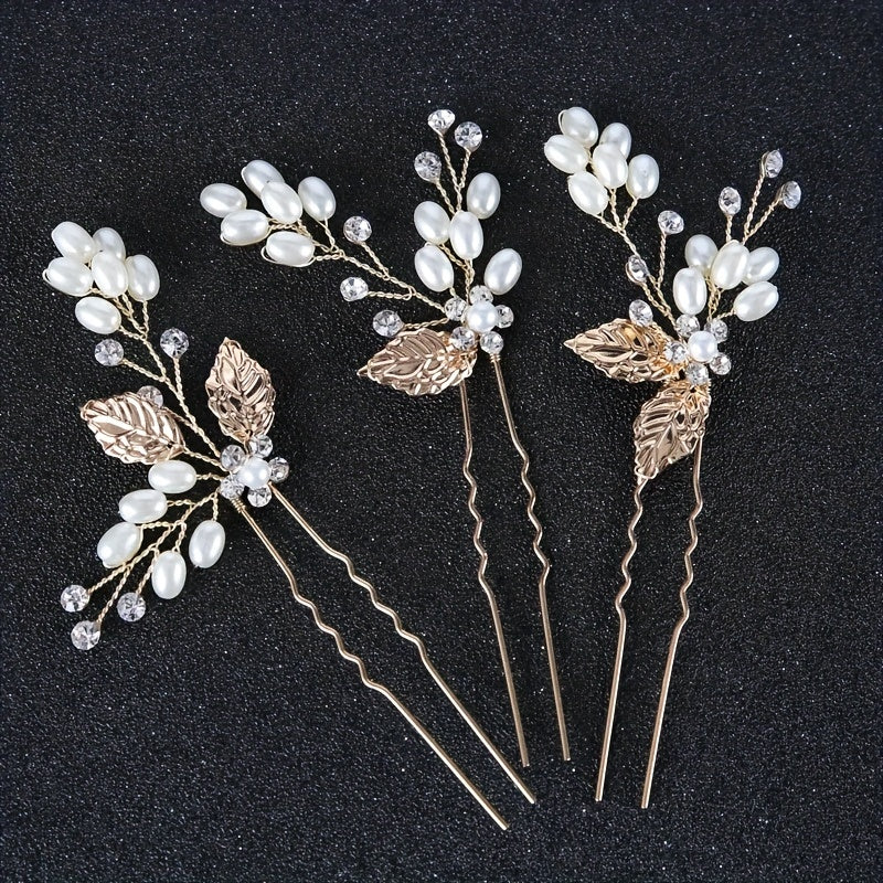 Girl's Pearl Leaf Hairband Golden Hairpin Set Bridal Headwear Hair Accessories