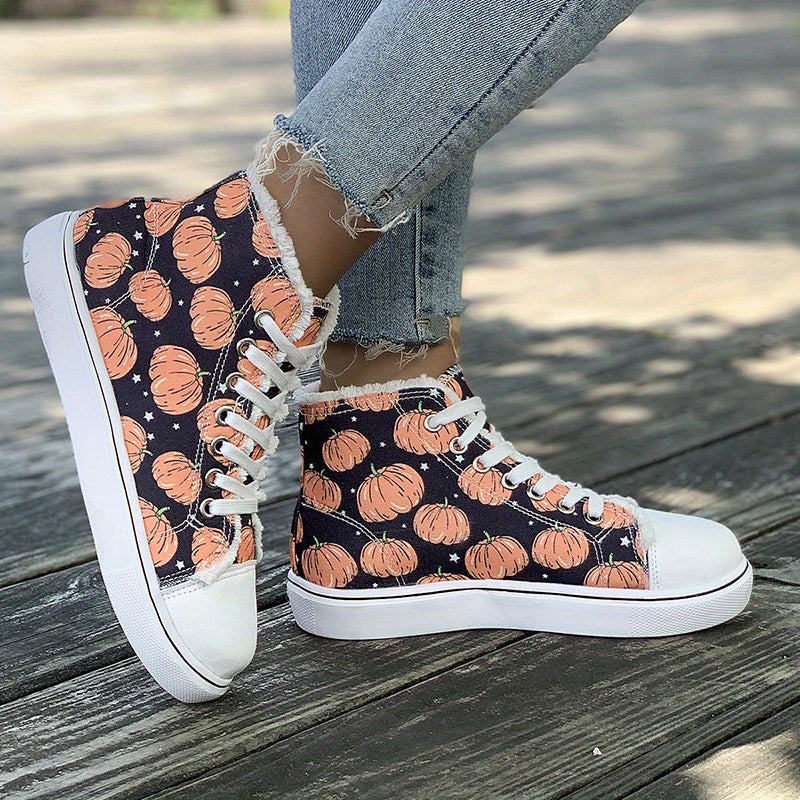 Halloween Pumpkin Print High Top Canvas Shoes for Women