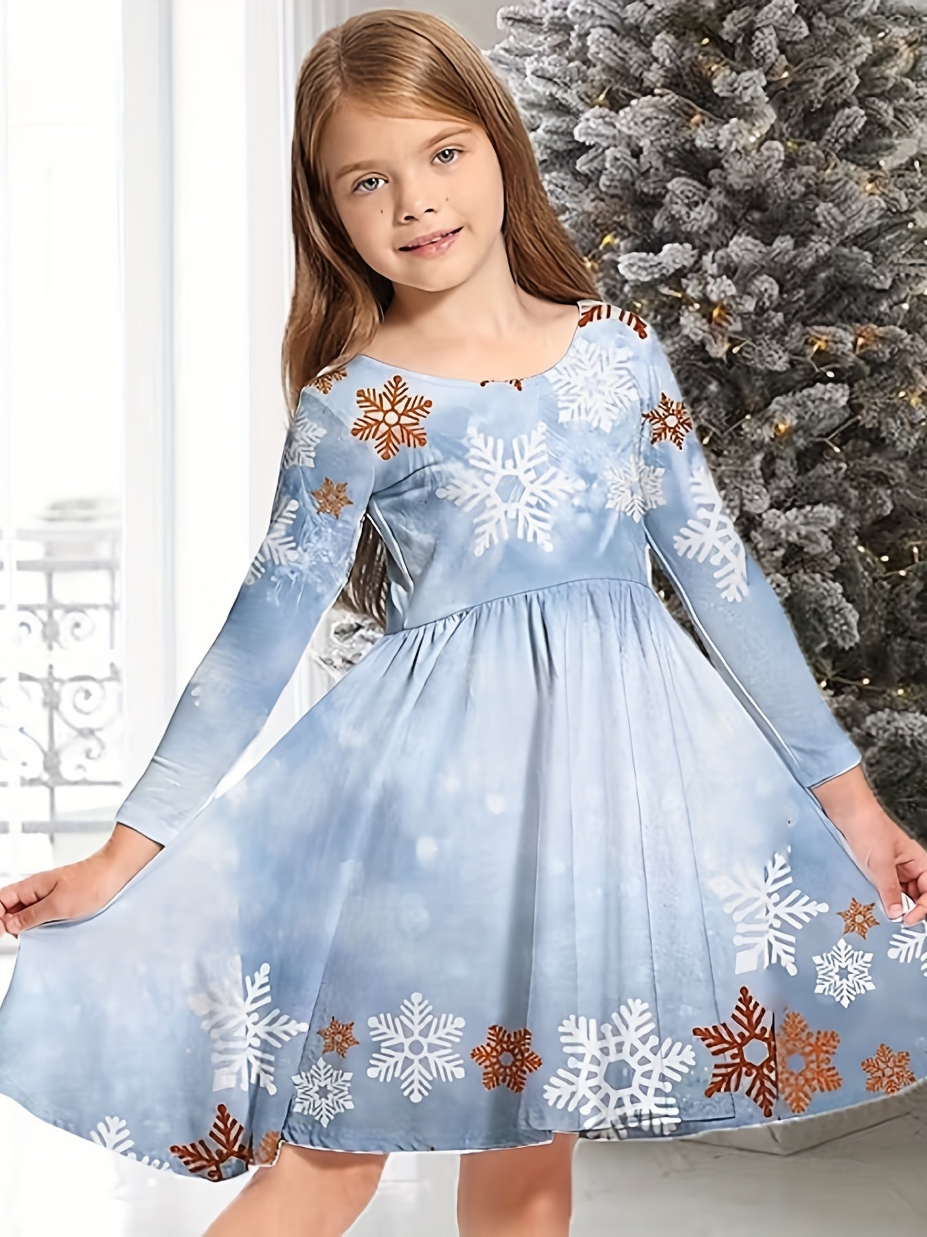 Snowy Reindeer Long Sleeve Dress Kids Spring Fall Christmas Gift