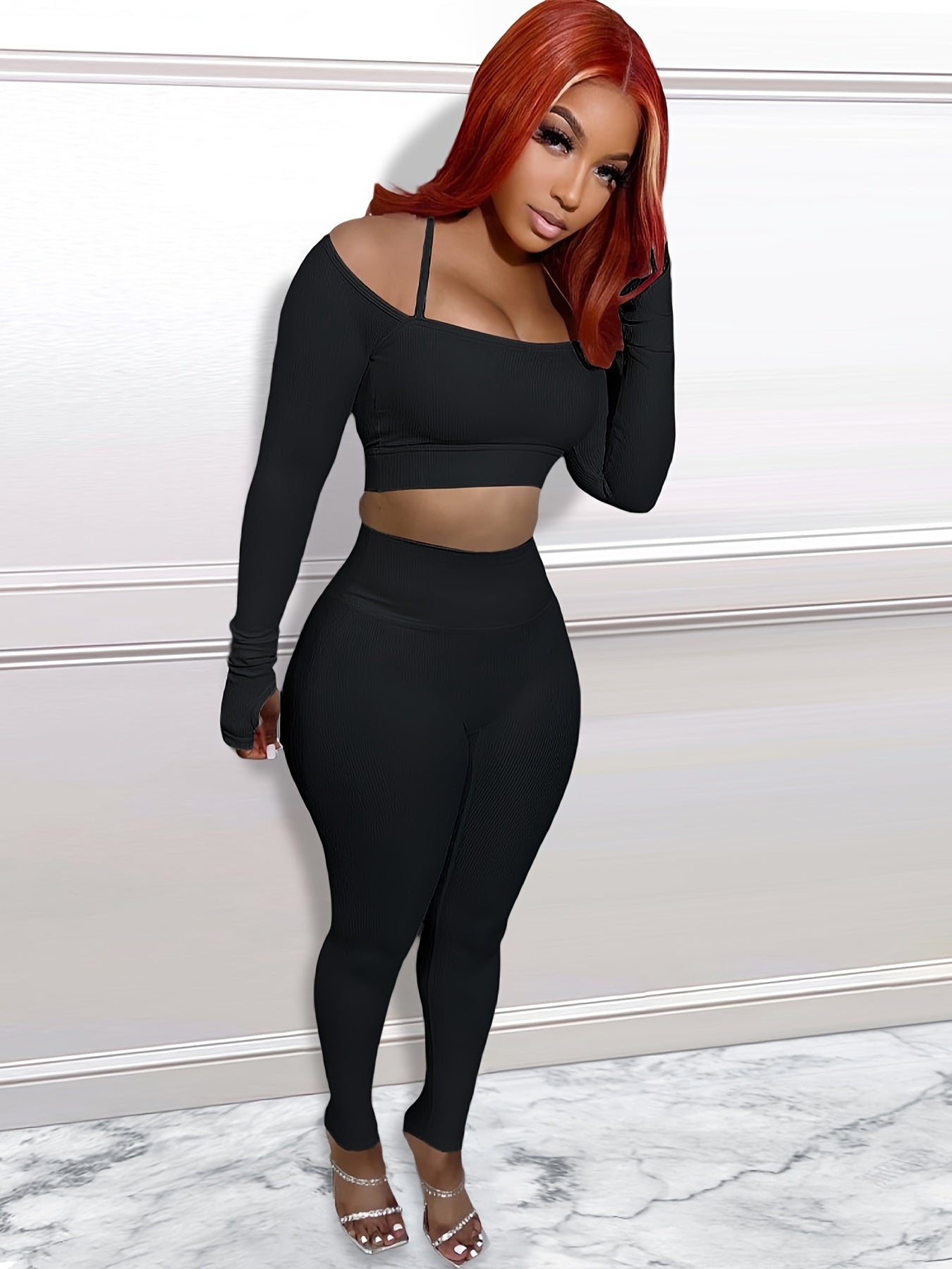 Solid Halter Neck Off Shoulder Shirt & Pencil Pants Set Plus Size
