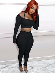 Solid Halter Neck Off Shoulder Shirt & Pencil Pants Set Plus Size
