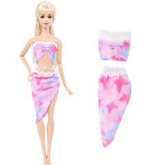 Pink and Red Doll Clothes Party Dress Fish Tail Skirt Butterfly Print Swimsuit