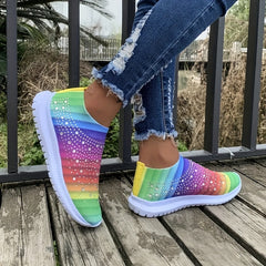 Women's Rainbow Knitted Sneakers Comfy Rhinestone Slip On Sports Shoes
