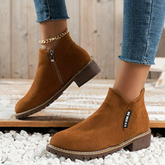 Chunky Heeled Ankle Boots Retro Round Toe Side Zipper Shoes