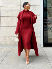 Flannel Shawl Cardigan & Mock Neck Dress Set