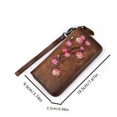 Vintage Style Leather Wallet Floral Embossed Card Holder with Wristlet