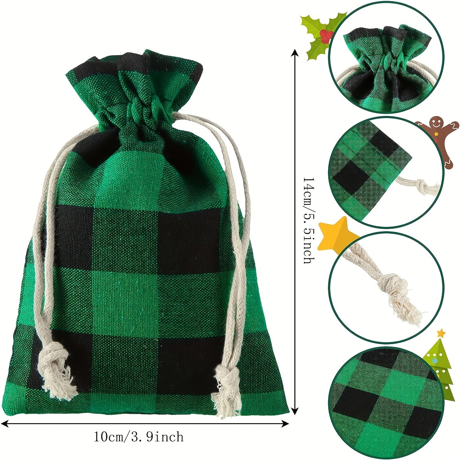 10pcs Christmas Plaid Cotton Burlap Bag Drawstring Pocket Candy Ornament Packagi