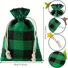 10pcs Christmas Plaid Cotton Burlap Bag Drawstring Pocket Candy Ornament Packagi