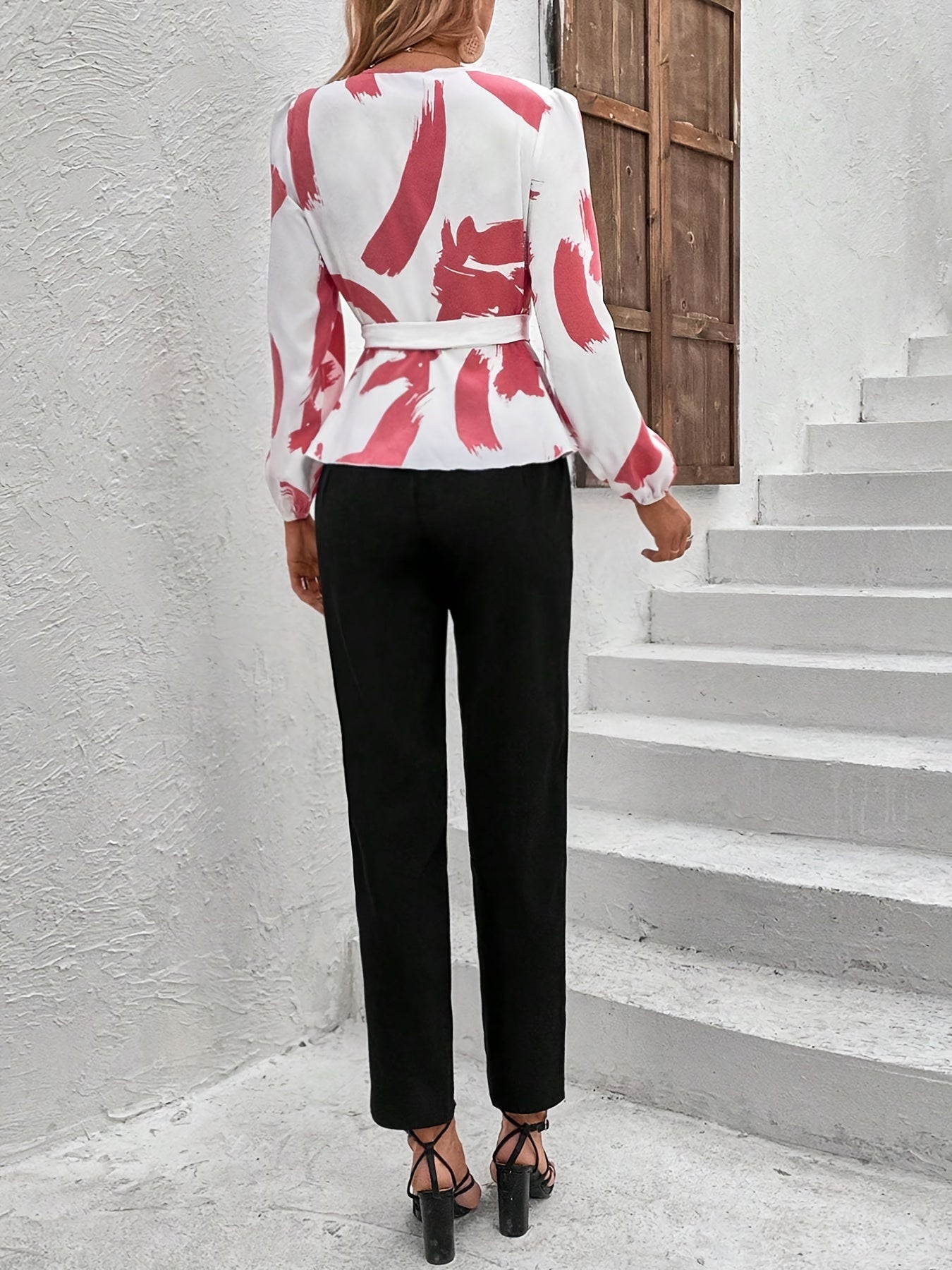 Surplice Neck Long Sleeve Blouse & Slim Pants Set