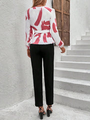 Surplice Neck Long Sleeve Blouse & Slim Pants Set
