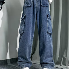 Men's Wide Leg Denim Cargo Pants Retro Style Spring Summer