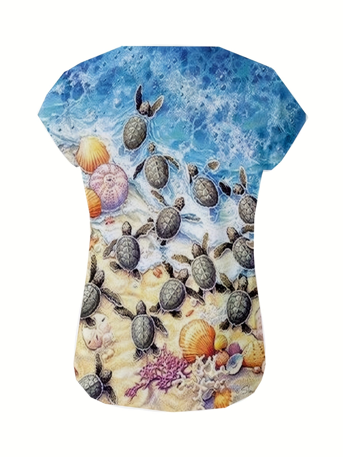 Turtle Print V neck Tank Top Cap Sleeve for Women