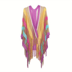 Striped Tassel Shawl Vintage Knitted Cardigan For Women