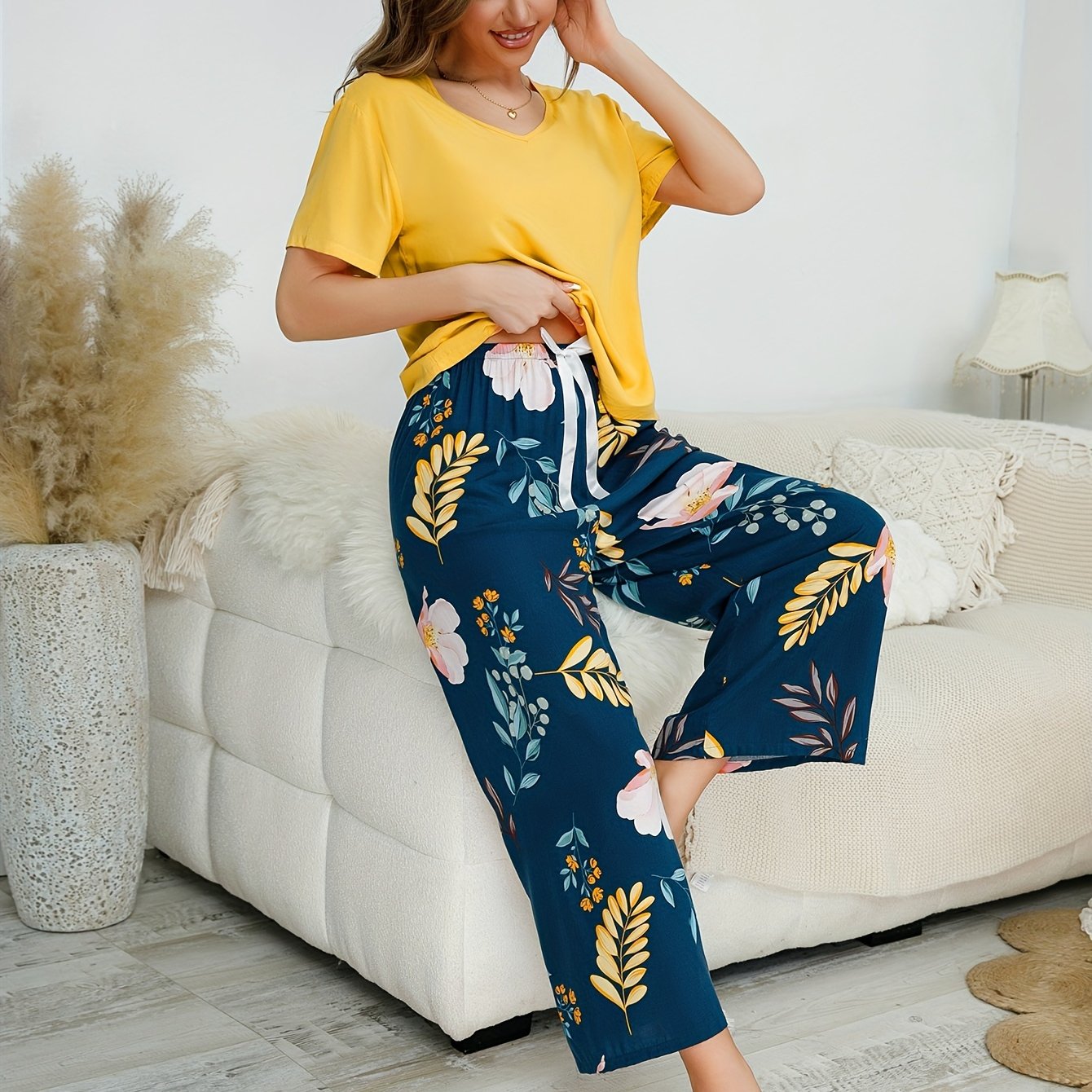 Floral Print Pajama Set Short Sleeve Top & Pants