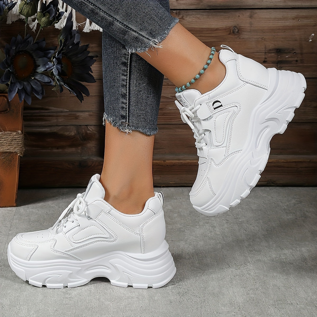 Women's Lace Up Chunky Sneakers Hidden Heel Casual Walking Shoes