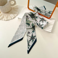 Green Plant Print Skinny Scarf Vintage Silky Long Ribbon Neckerchief