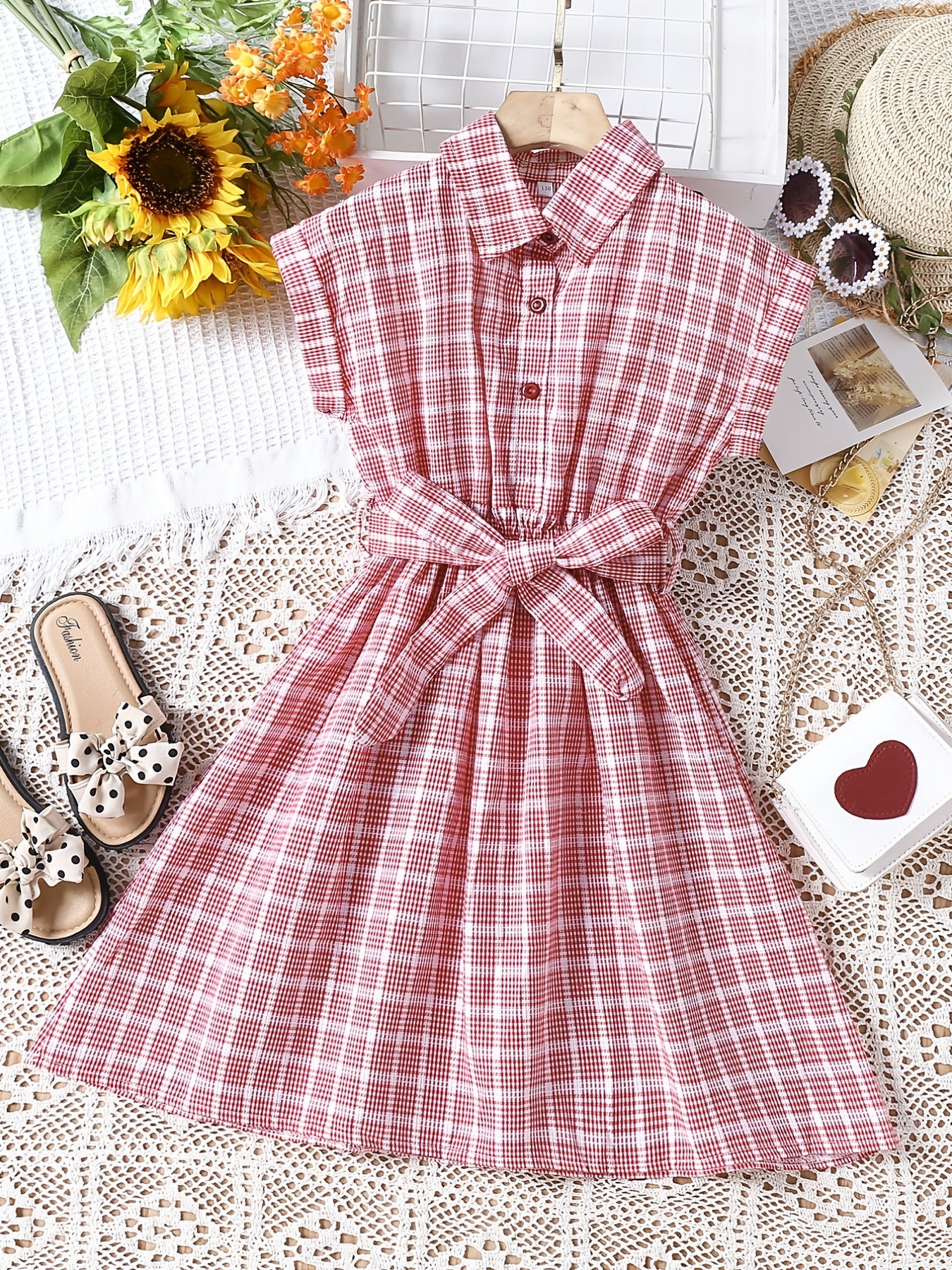 Girls Plaid Button Down Dress with Belt