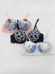 3 Pcs Women's Printed Cup Bras Top Thin Bottom Underwire Bra