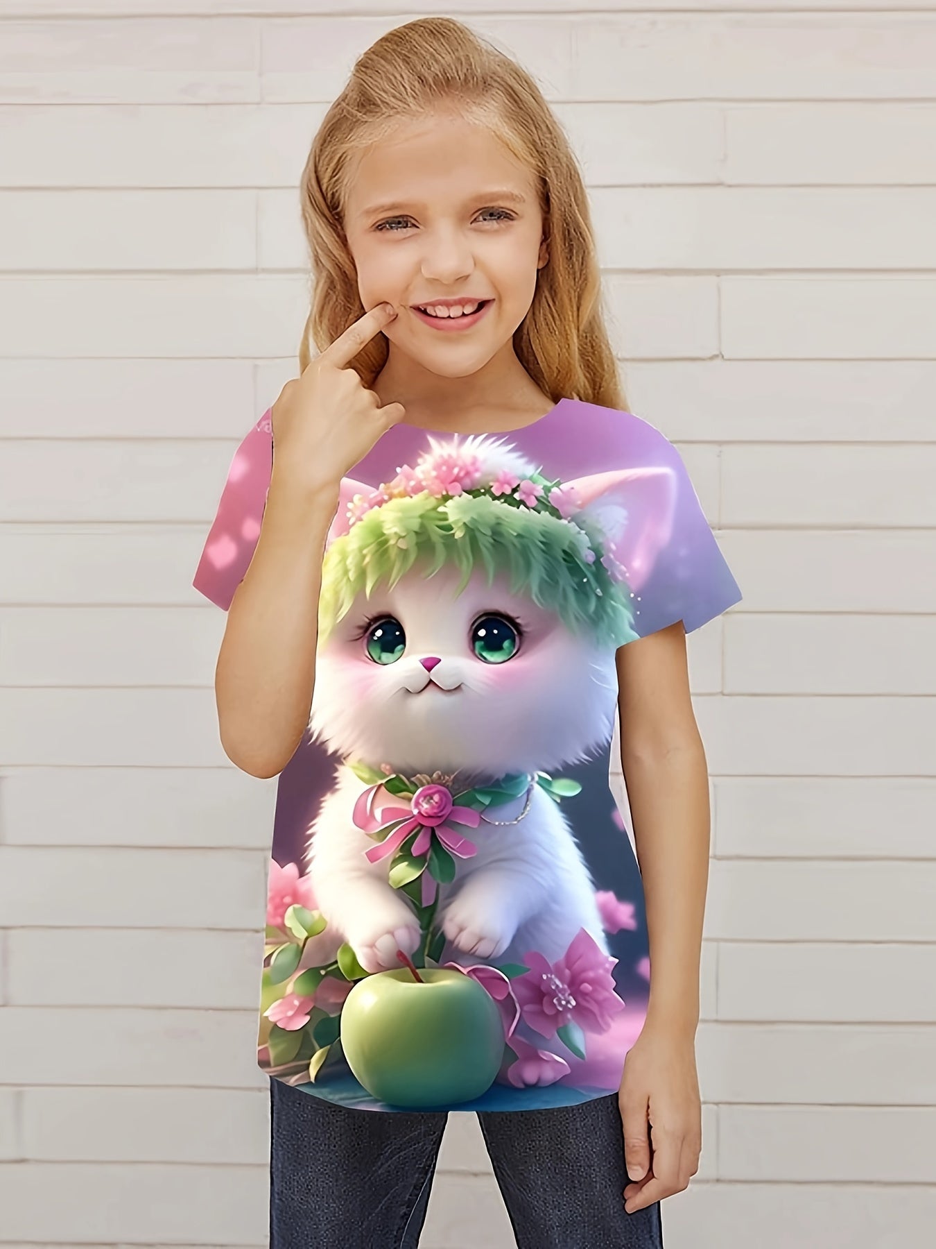 Cute Kitty Graphic Tee for Girls Summer Gift