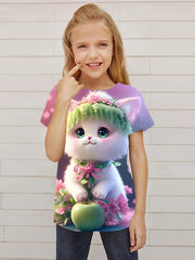 Cute Kitty Graphic Tee for Girls Summer Gift