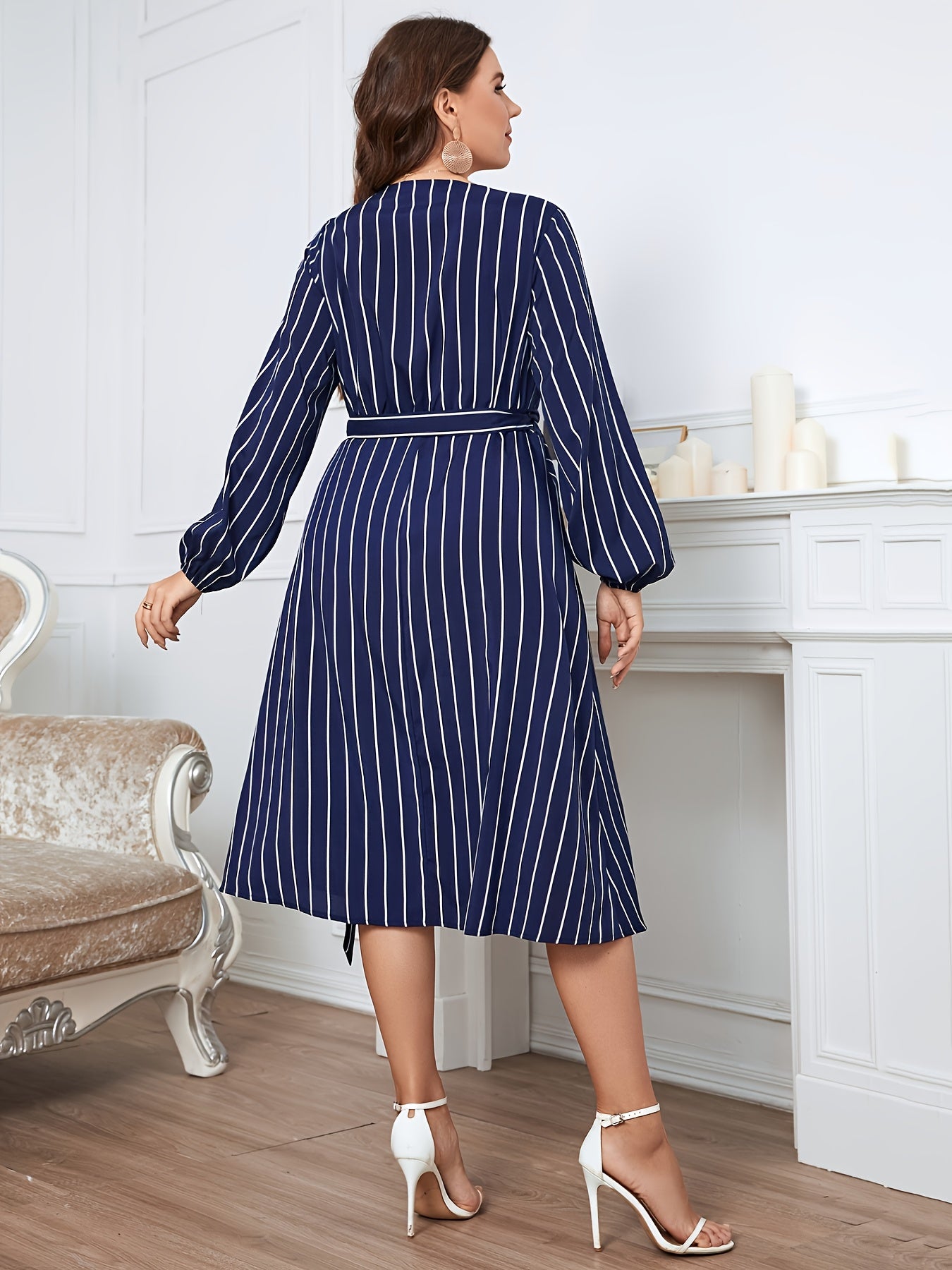 Deep V Neck Striped Midi Wrap Dress with Belt Women's Plus Size
